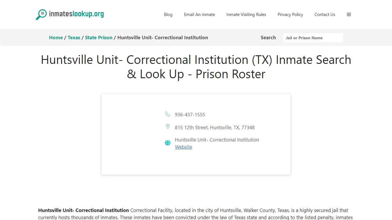 Huntsville Unit- Correctional Institution (TX) Inmate Search & Look Up ...