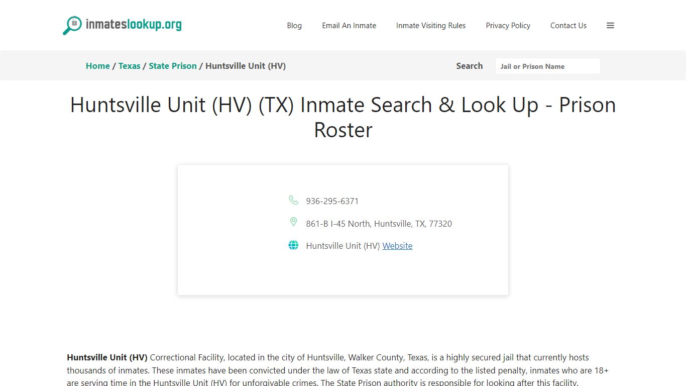 Huntsville Unit (HV) (TX) Inmate Search & Look Up - Prison Roster